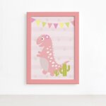 Quadro Dinossauro Menina Rosa Claro Moldura Rosa 22x32cm