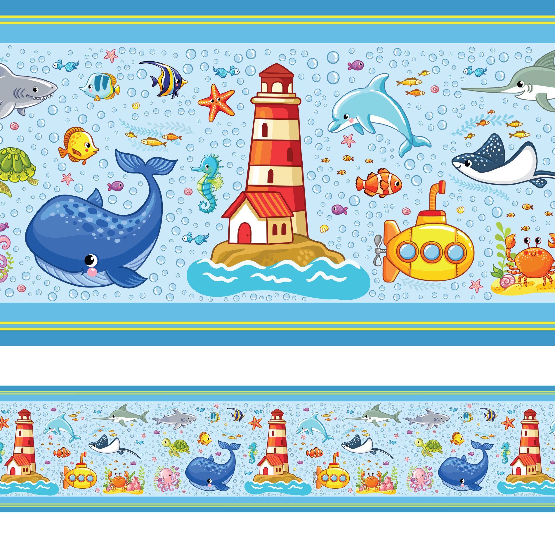 Faixa Decorativa de Parede Infantil Fundo do Mar 10cmx10m,Faixa Decorativa de Parede Infantil Fundo do Mar 10cmx10m