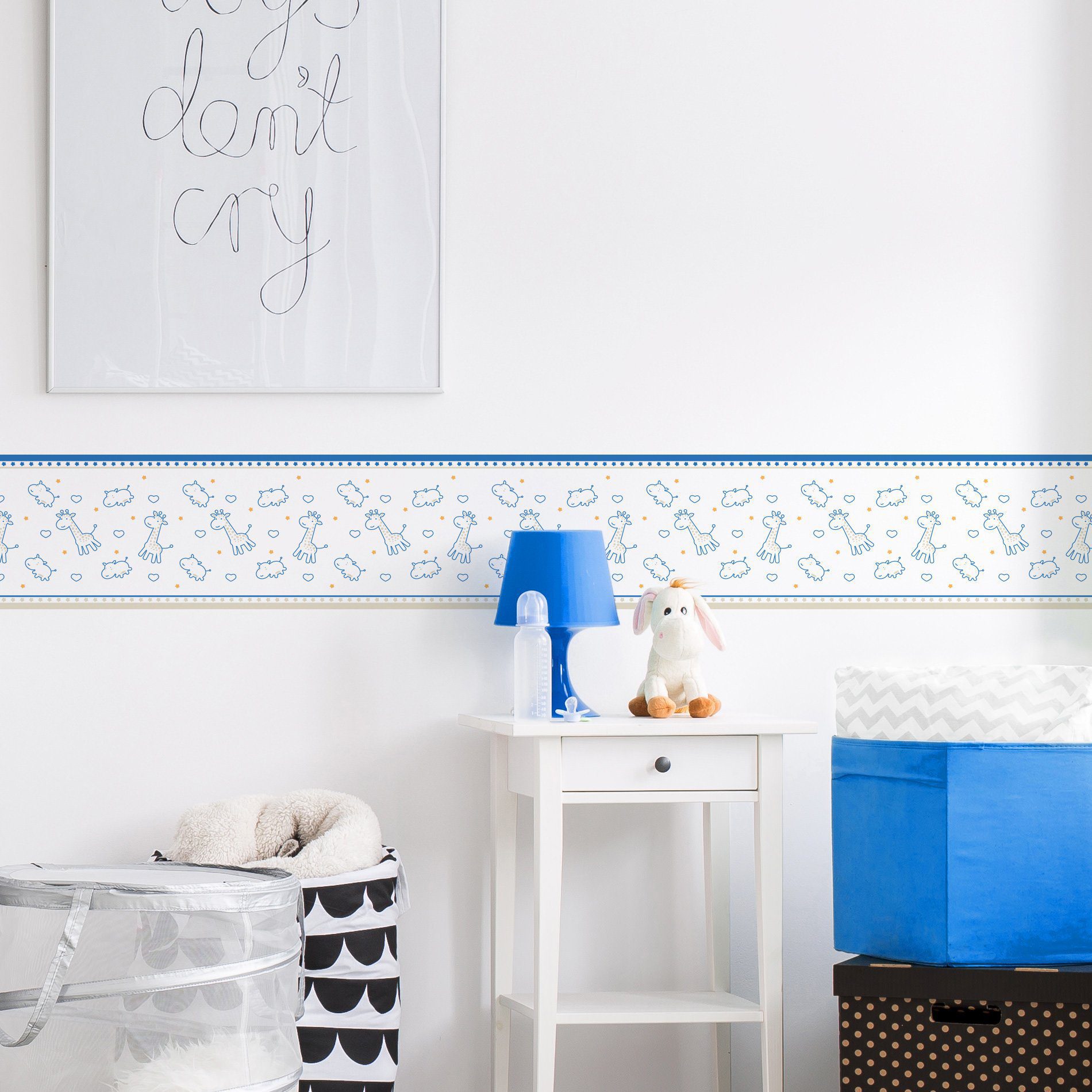 Faixa Decorativa Infantil Girafa e Hipopótamo Azul 10mx10cm