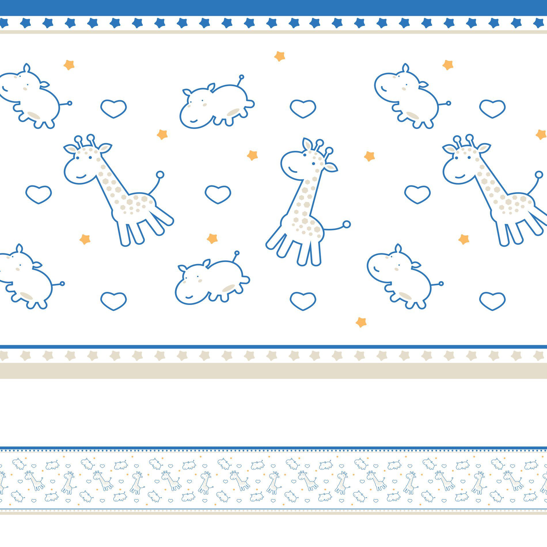 Faixa Decorativa Infantil Girafa e Hipopótamo Azul 10mx10cm