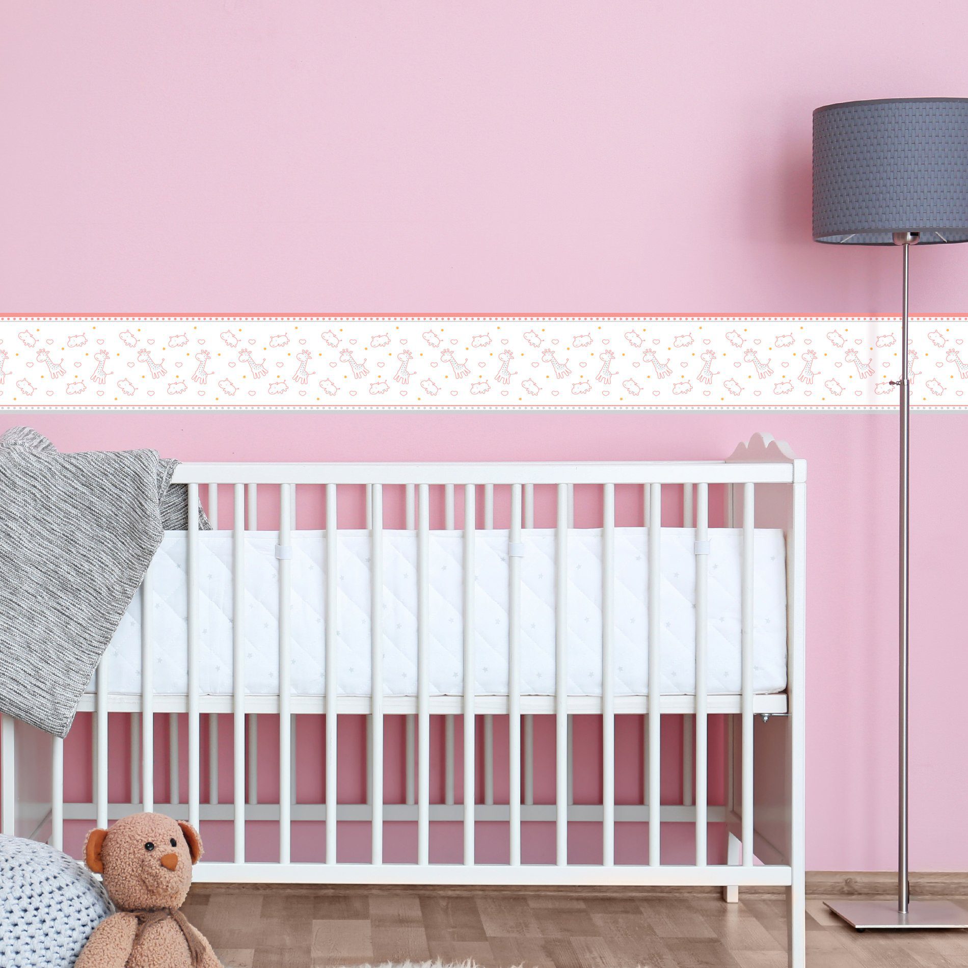 Faixa Decorativa Infantil Girafa e Hipopótamo Rosa 10mx10cm