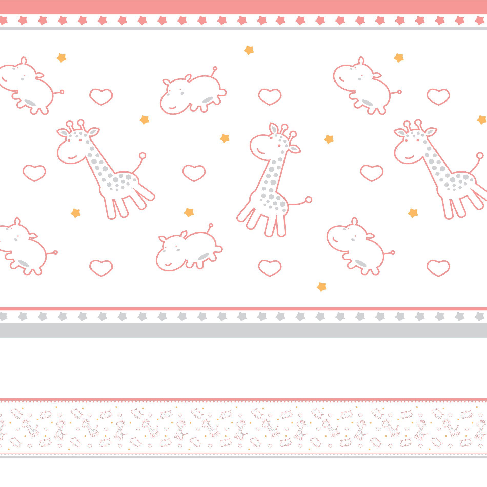 Faixa Decorativa Infantil Girafa e Hipopótamo Rosa 5mx10cm