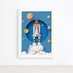 Quadro Astronauta Foguete em Órbita Moldura Branca 22x32cm