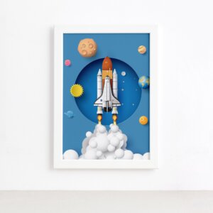 Quadro Astronauta Foguete em Órbita Moldura Branca 22x32cm,Quadro Astronauta Foguete em Órbita Moldura Branca 22x32cm