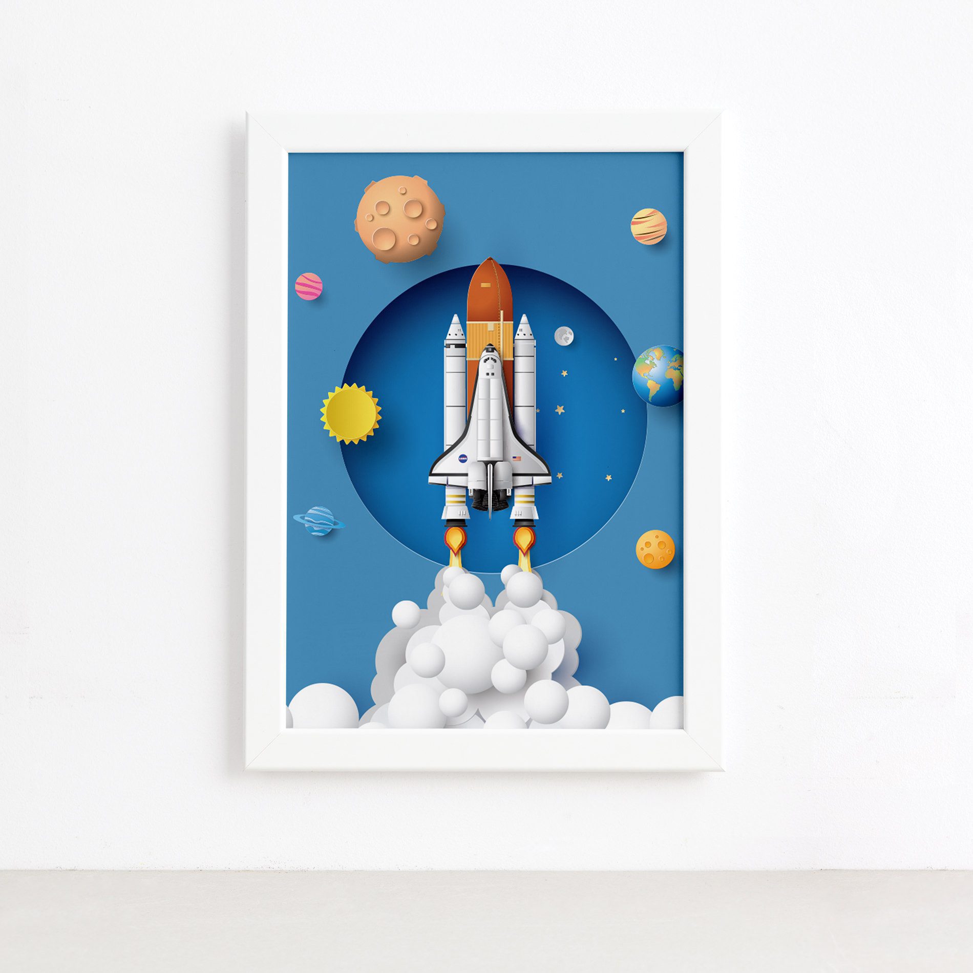 Quadro Astronauta Foguete em Órbita Moldura Branca 22x32cm,Quadro Astronauta Foguete em Órbita Moldura Branca 22x32cm