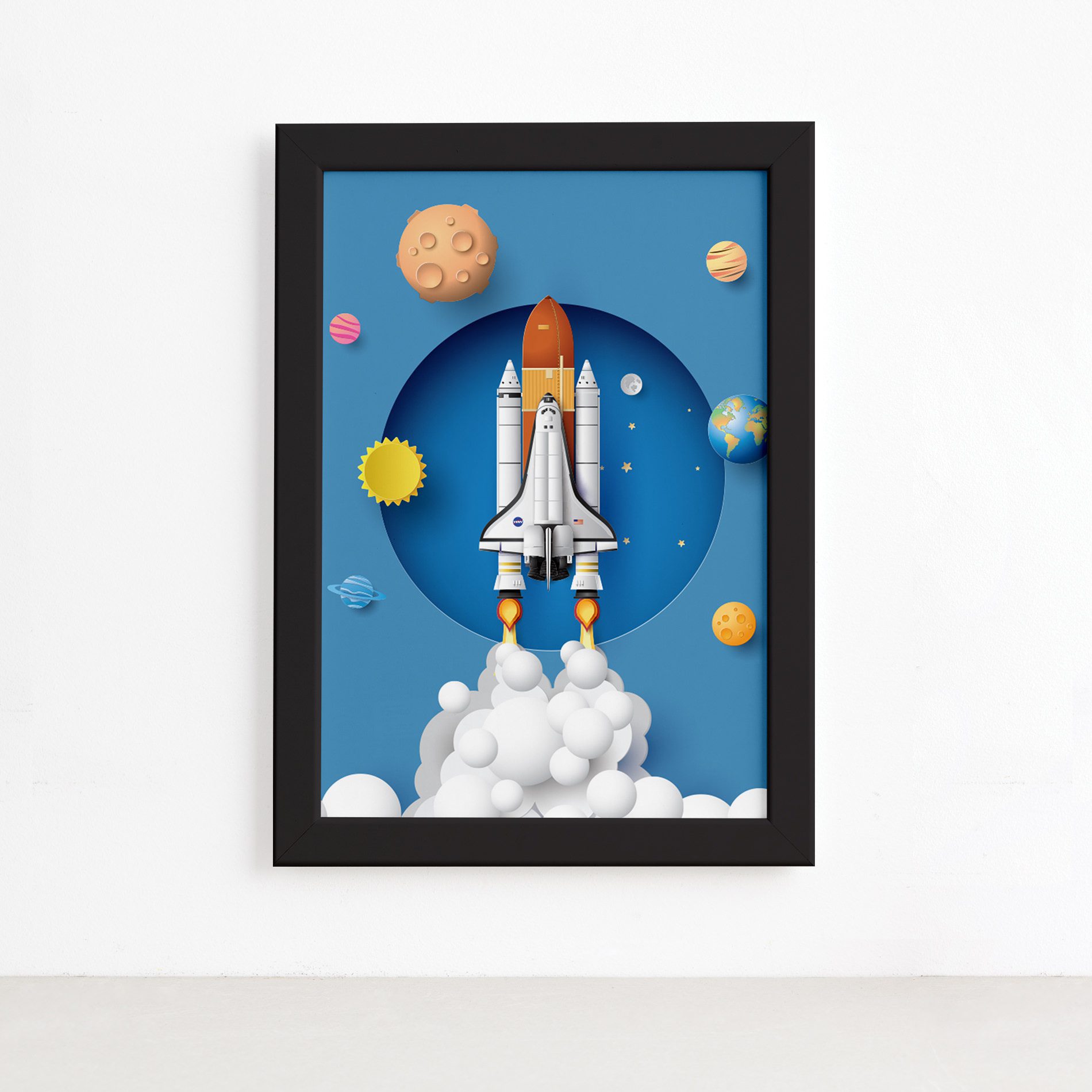 Quadro Astronauta Foguete em Órbita Moldura Preta 22x32cm,Quadro Astronauta Foguete em Órbita Moldura Preta 22x32cm