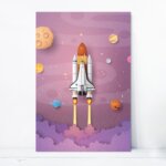Placa Decorativa MDF Astronauta Foguete na Galáxia 30x40cm