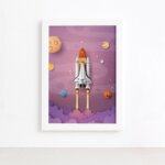 Quadro Astronauta Foguete na Galáxia Moldura Branca 22x32cm