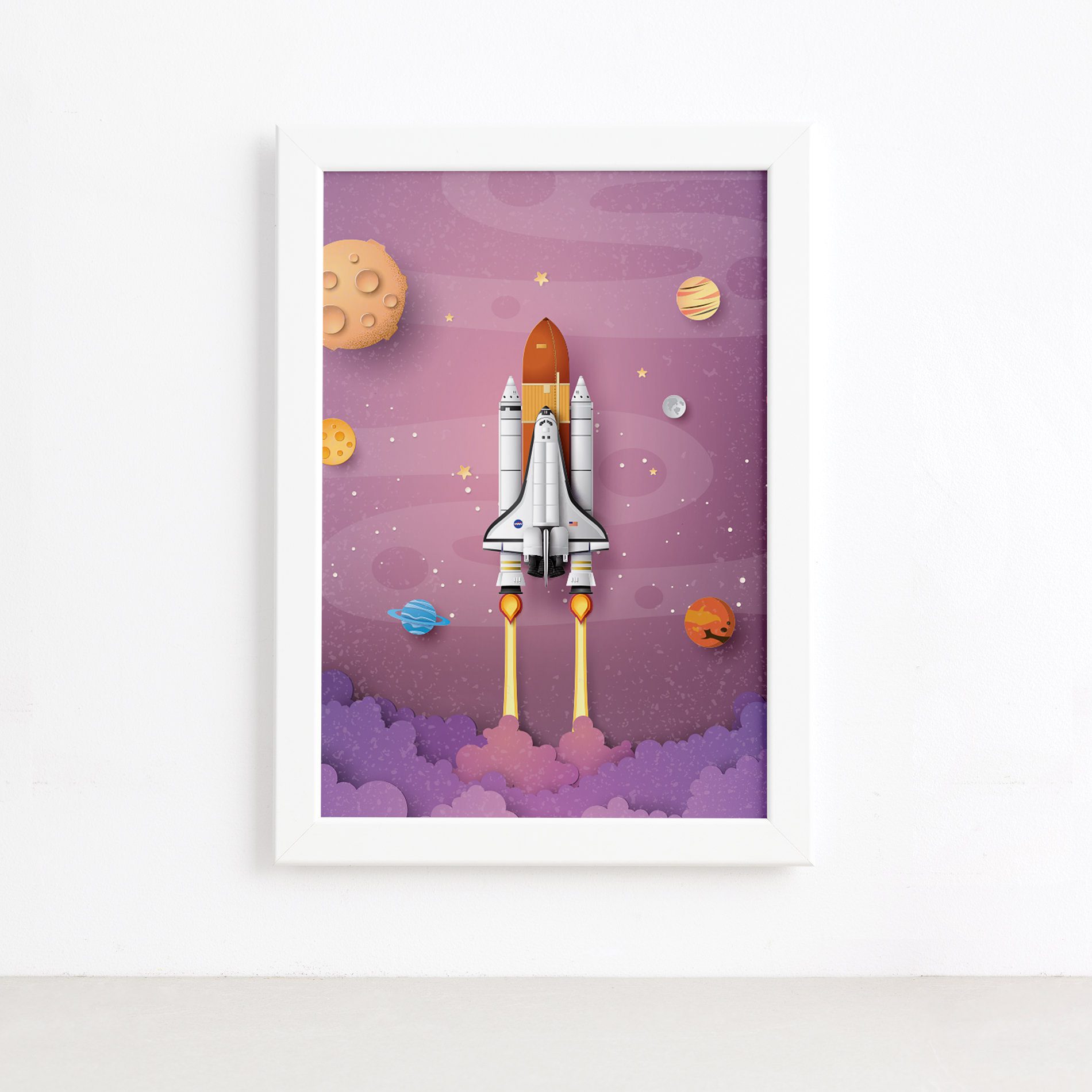 Quadro Astronauta Foguete na Galáxia Moldura Branca 22x32cm,Quadro Astronauta Foguete na Galáxia Moldura Branca 22x32cm