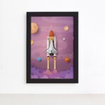 Quadro Astronauta Foguete na Galáxia Moldura Preta 22x32cm