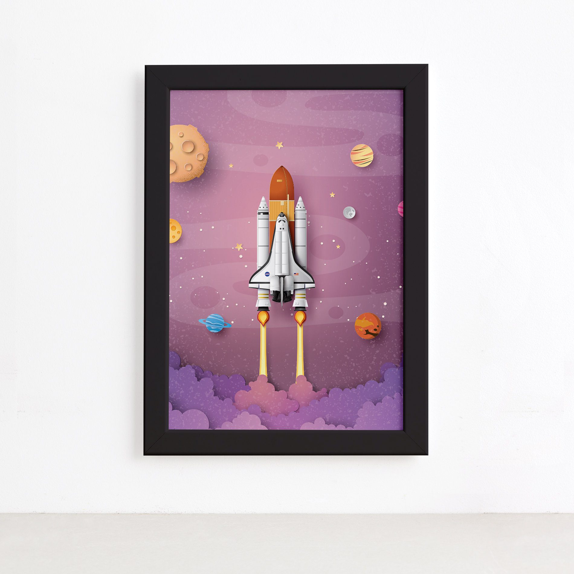 Quadro Astronauta Foguete na Galáxia Moldura Preta 22x32cm,Quadro Astronauta Foguete na Galáxia Moldura Preta 22x32cm