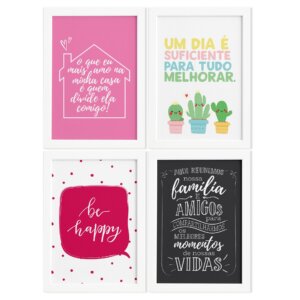 Quadros com Frases Alegria Moldura Branca 33x43cm 4un