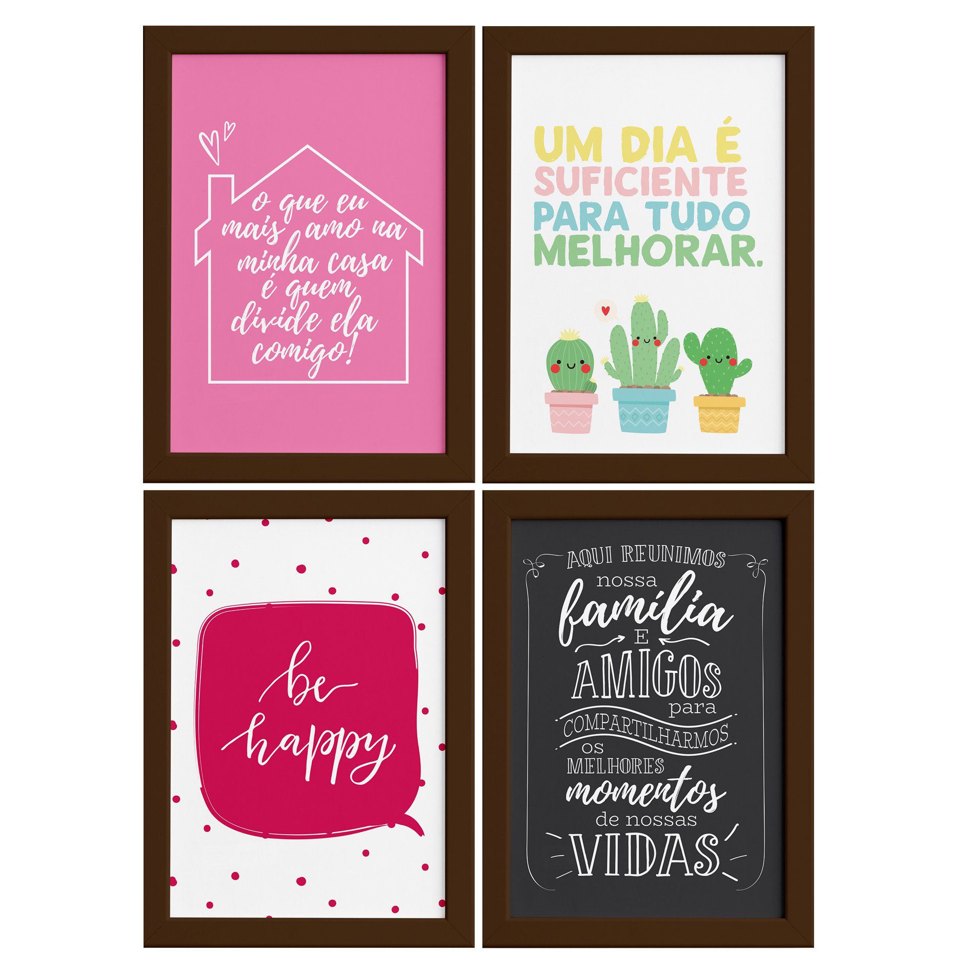 Quadros com Frases Alegria Moldura Marrom 22x32cm 4un