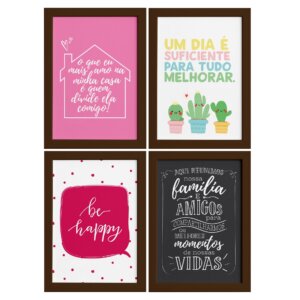 Quadros com Frases Alegria Moldura Marrom 33x43cm 4un