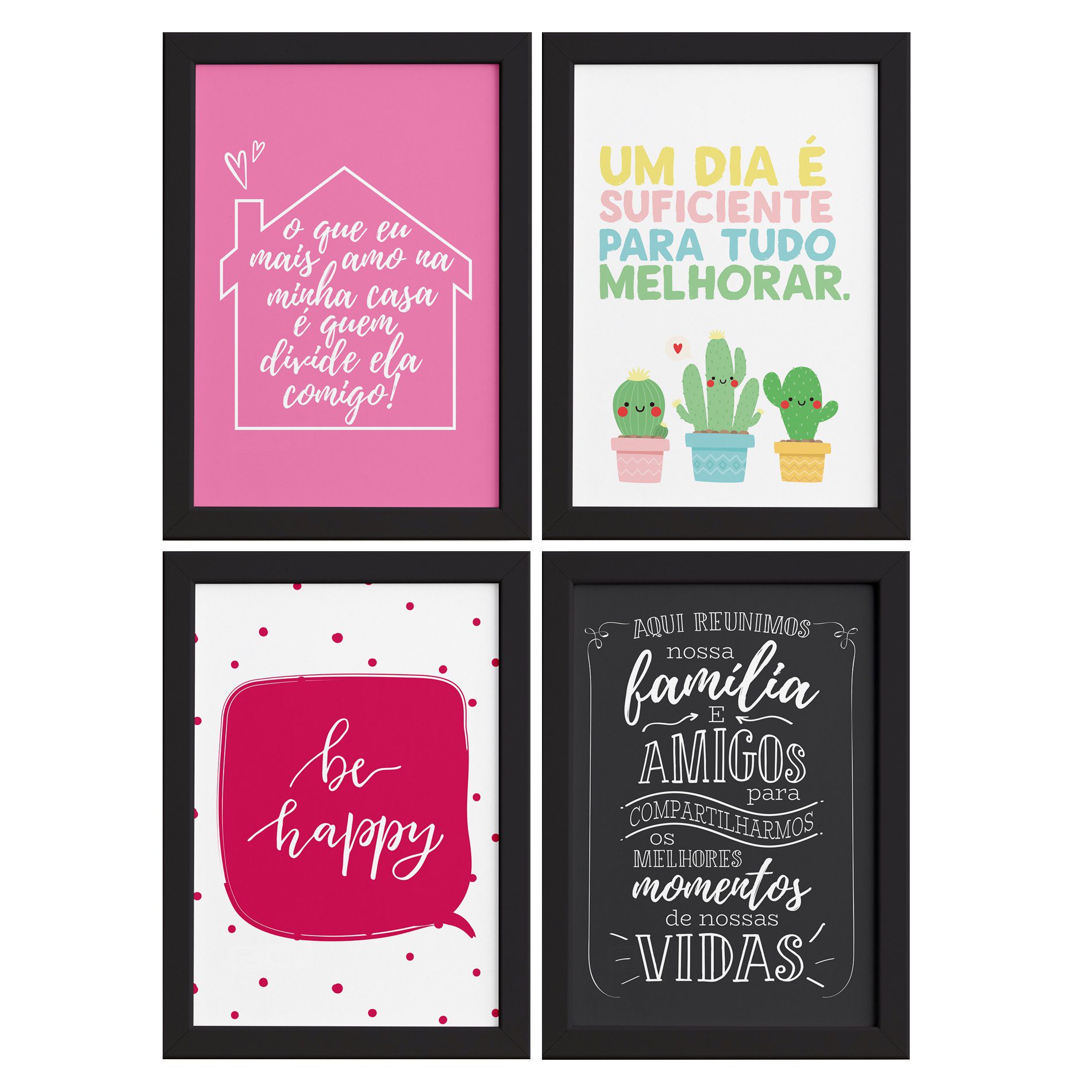 Quadros com Frases Alegria Moldura Preta 22x32cm 4un