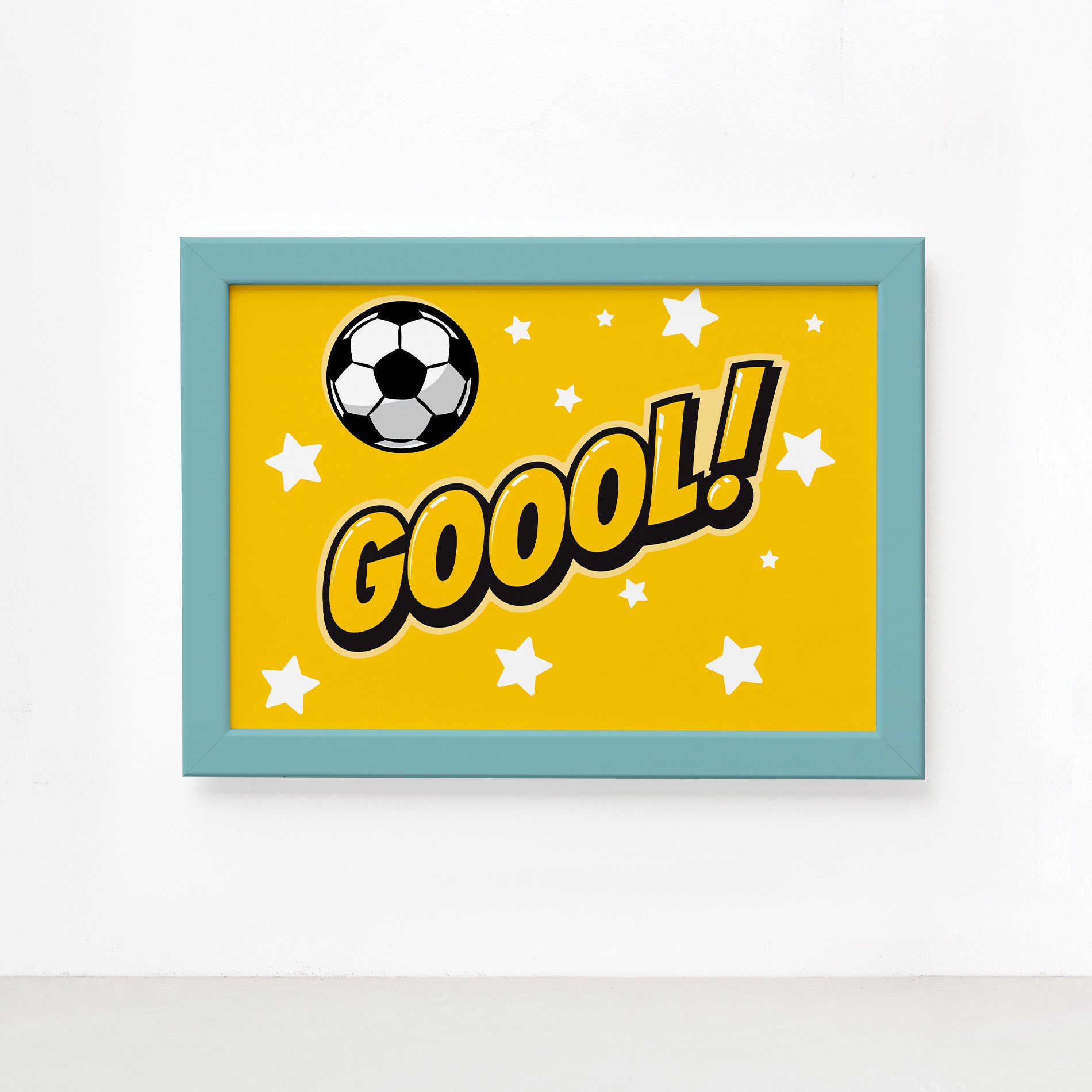 Quadro Infantil Futebol Gol Amarelo 22x32 Moldura Azul