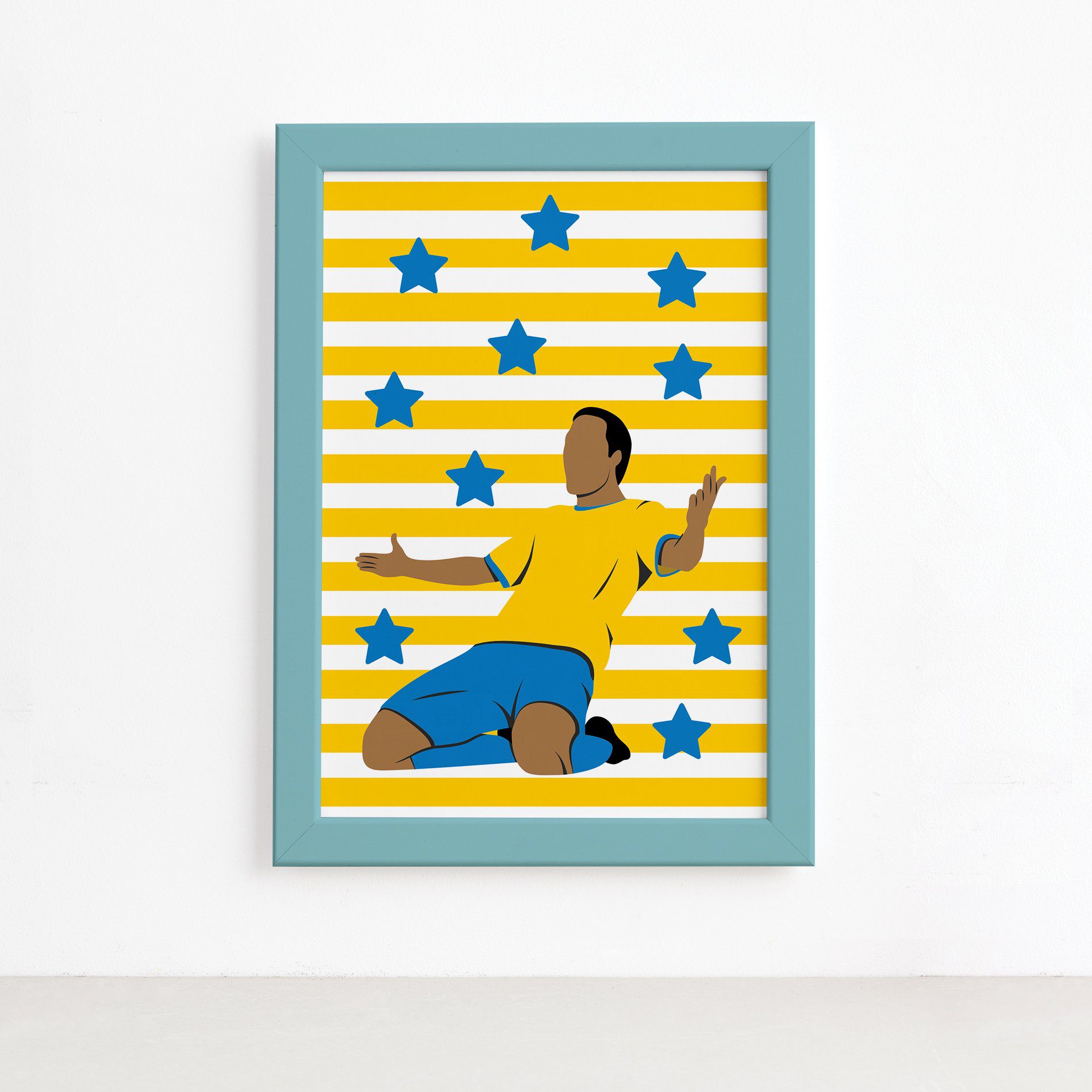 Quadro Infantil Futebol Gol Jogador Amarelo 22x32 Moldura Azul