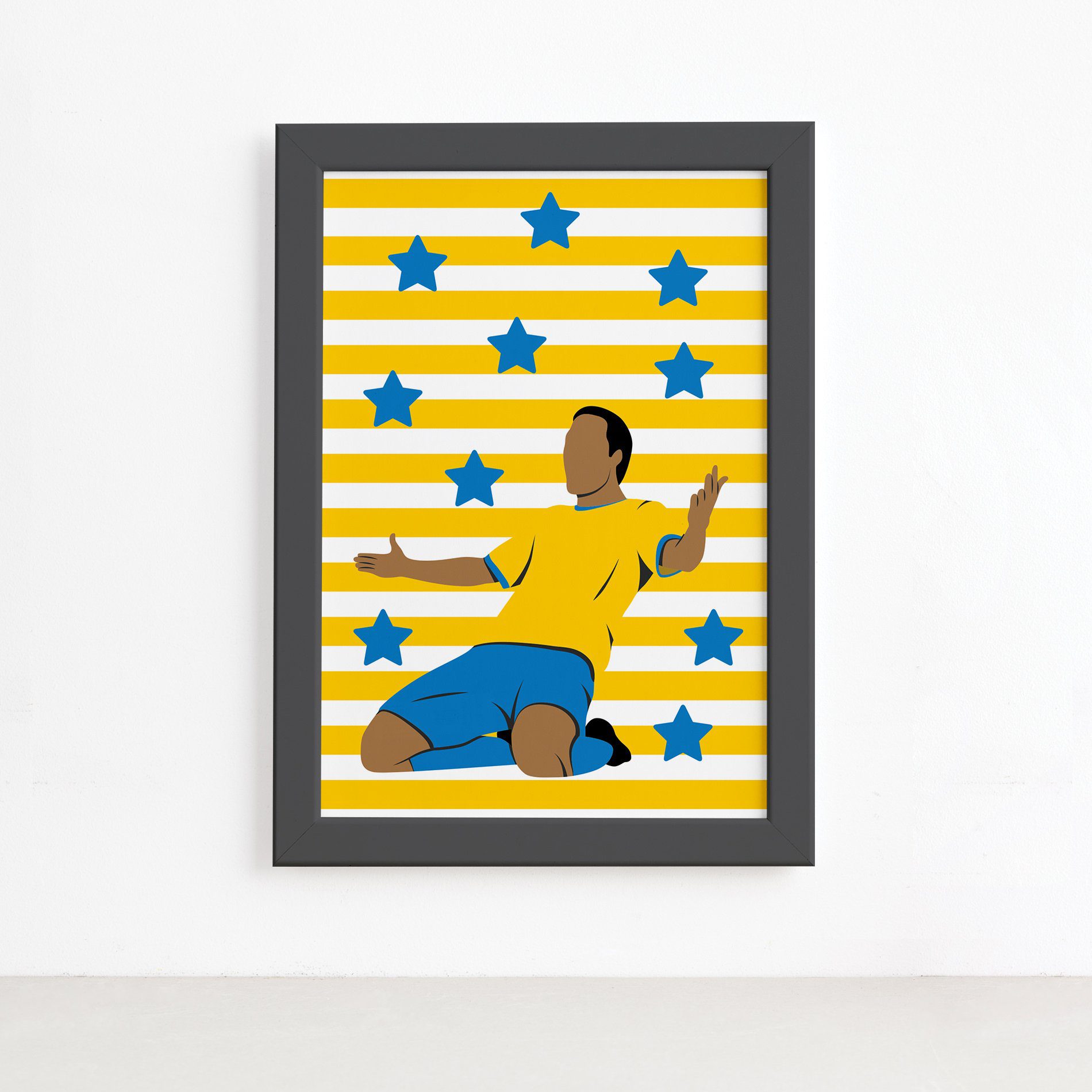 Quadro Infantil Futebol Gol Jogador Amarelo 22x32 Moldura Preta