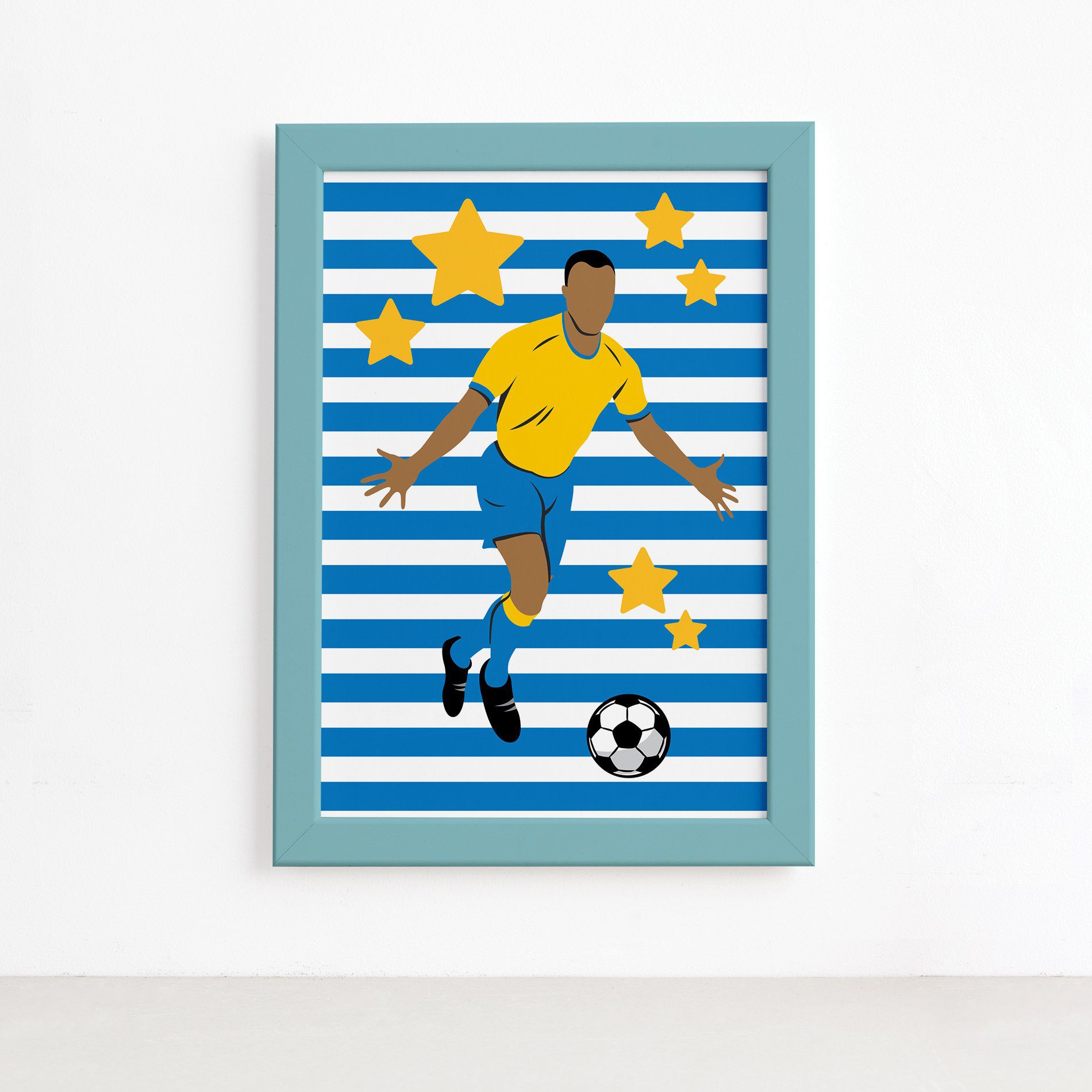 Quadro Infantil Futebol Gol Jogador Azul 22x32 Moldura Azul