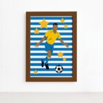 Quadro Infantil Futebol Gol Jogador Azul 22x32 Moldura Marrom
