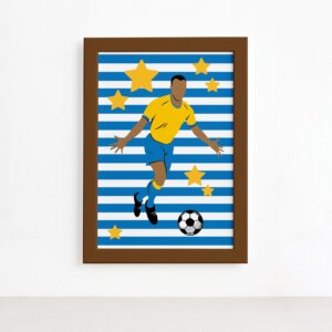 Quadro Infantil Futebol Gol Jogador Azul 22x32 Moldura Marrom