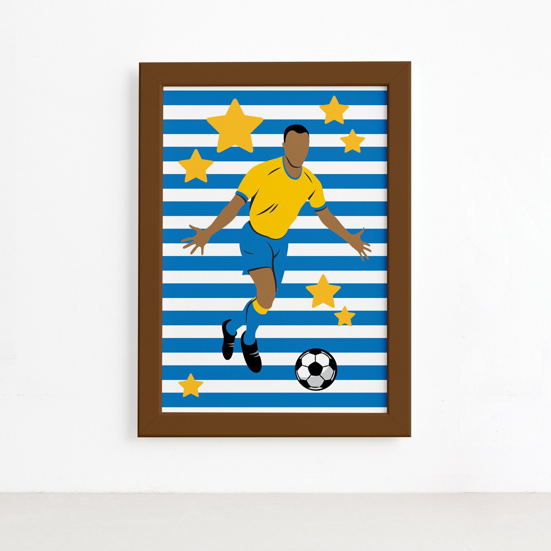 Quadro Infantil Futebol Gol Jogador Azul 22x32 Moldura Marrom