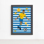 Quadro Infantil Futebol Gol Jogador Azul 22x32 Moldura Preta
