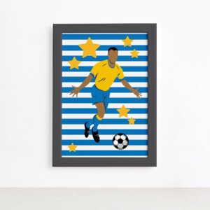 Quadro Infantil Futebol Gol Jogador Azul 22x32 Moldura Preta