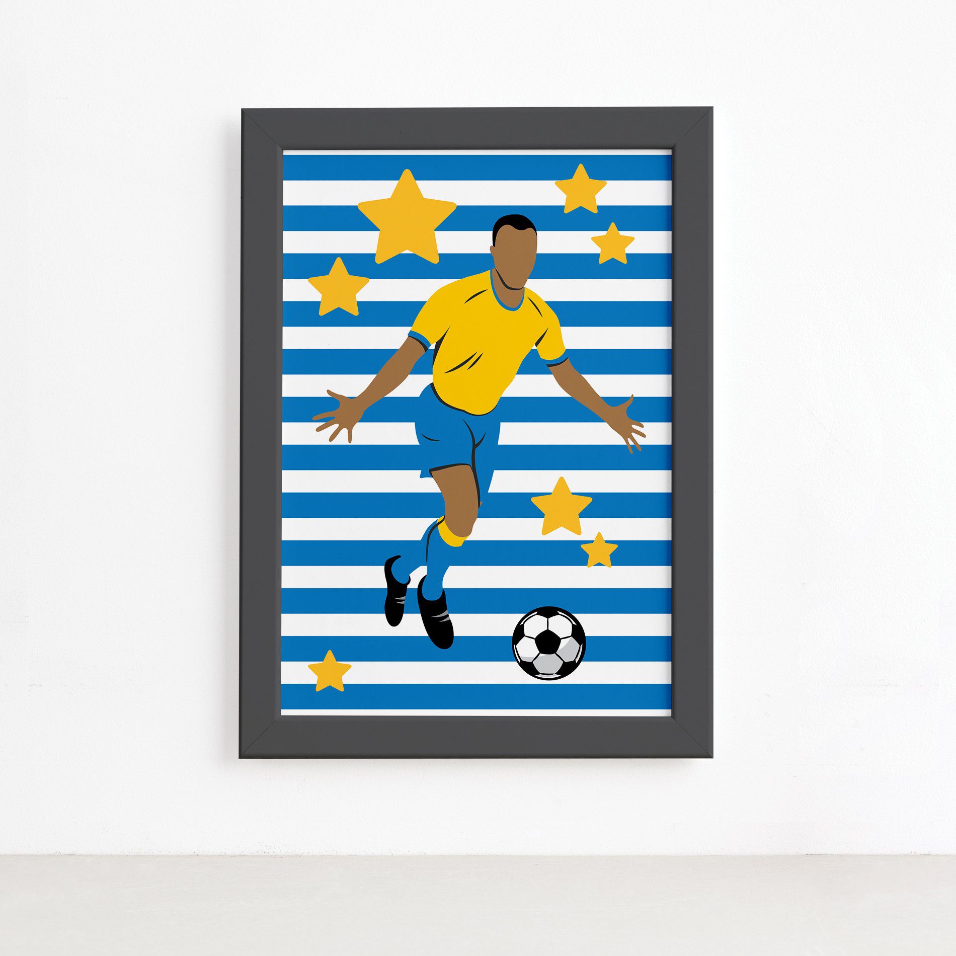 Quadro Infantil Futebol Gol Jogador Azul 22x32 Moldura Preta