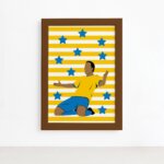 Quadro Infantil Futebol Gol Jogador Amarelo 22x32 Moldura Marrom
