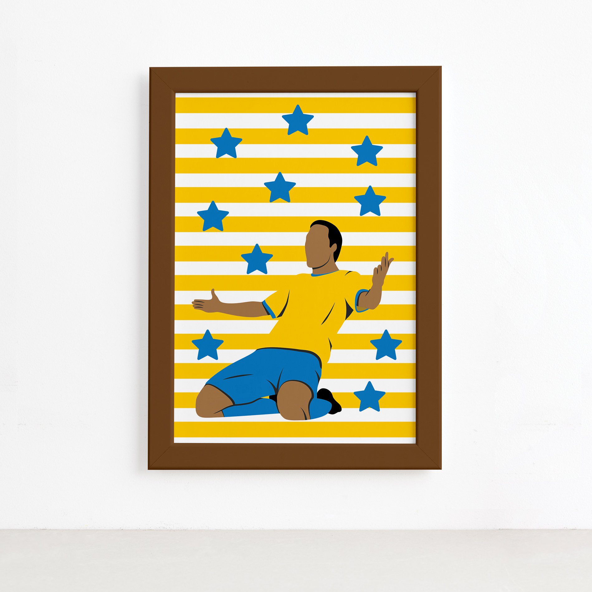 Quadro Infantil Futebol Gol Jogador Amarelo 22x32 Moldura Marrom