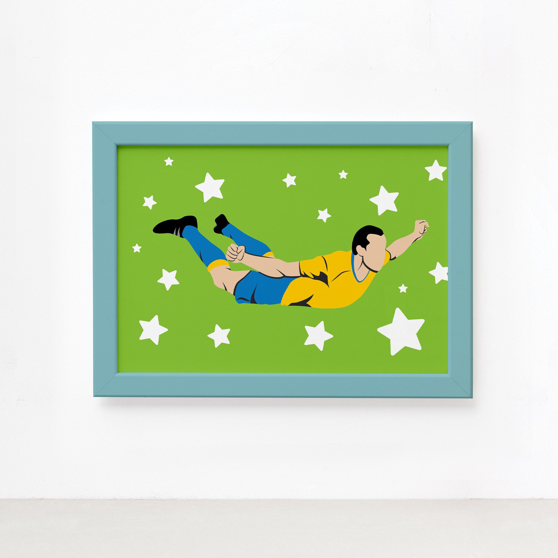 Quadro Infantil Futebol Gol Jogador Verde 22x32 Moldura Azul