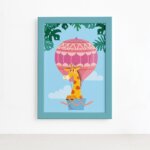 Quadro Infantil Girafa e Balão Moldura Azul 22x32cm