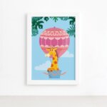 Quadro Infantil Girafa e Balão Moldura Branca 22x32cm