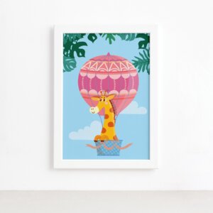 Quadro Infantil Girafa e Balão Moldura Branca 22x32cm,Quadro Infantil Girafa e Balão Moldura Branca 22x32cm