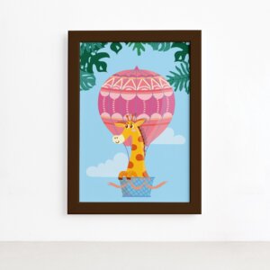 Quadro Infantil Girafa e Balão Moldura Marrom 22x32cm,Quadro Infantil Girafa e Balão Moldura Marrom 22x32cm