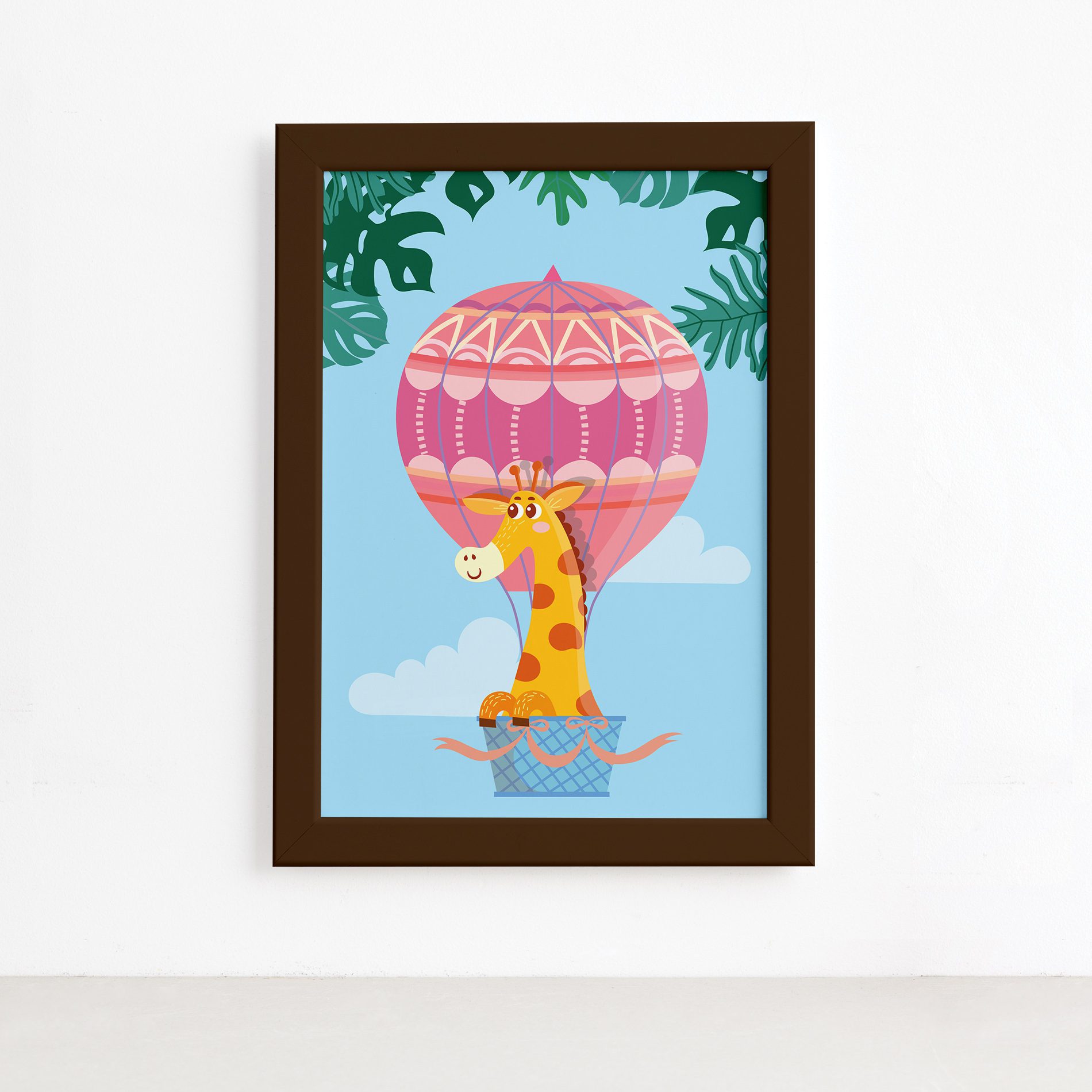 Quadro Infantil Girafa e Balão Moldura Marrom 22x32cm,Quadro Infantil Girafa e Balão Moldura Marrom 22x32cm