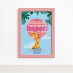 Quadro Infantil Girafa e Balão Moldura Rosa 22x32cm