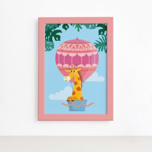 Quadro Infantil Girafa e Balão Moldura Rosa 22x32cm,Quadro Infantil Girafa e Balão Moldura Rosa 22x32cm