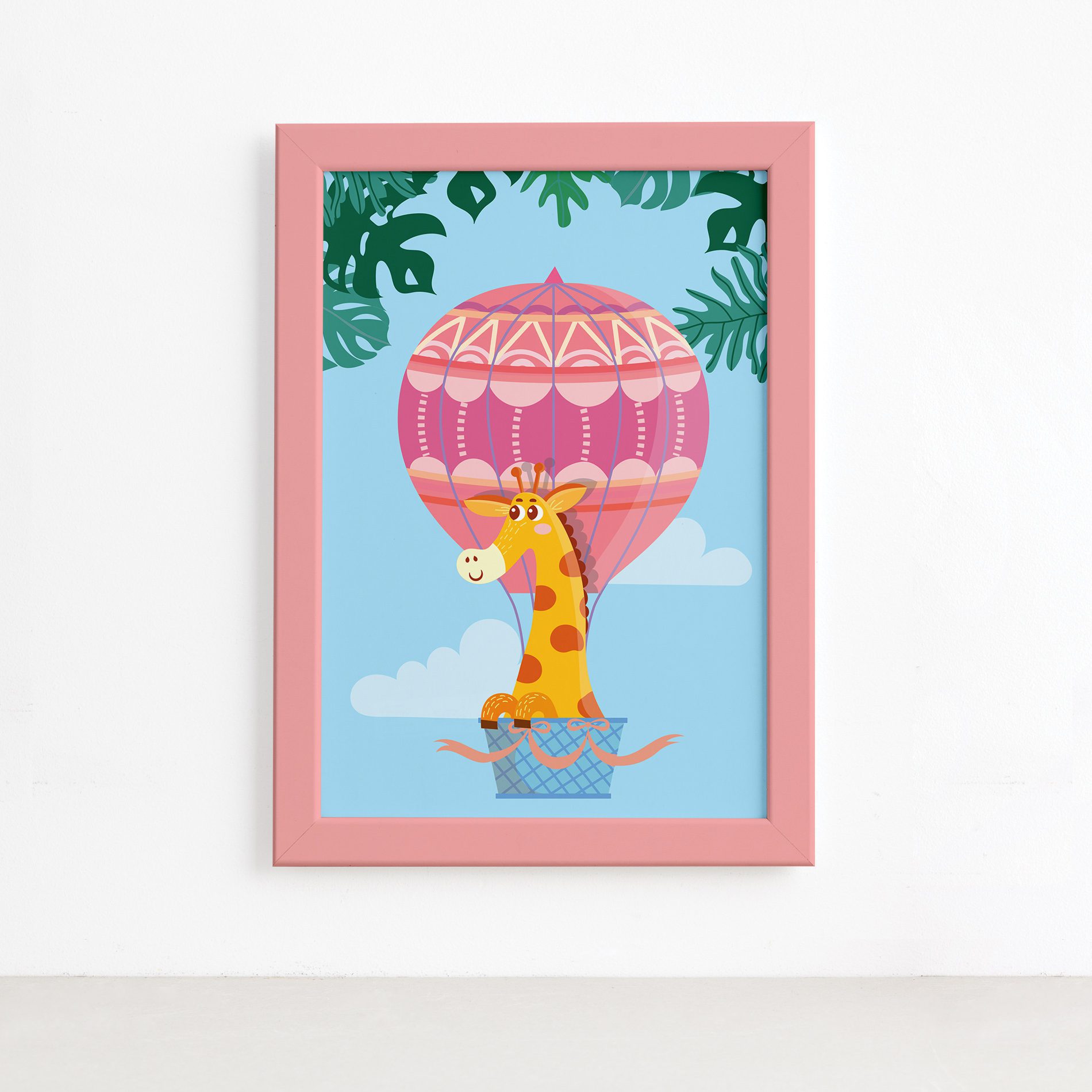 Quadro Infantil Girafa e Balão Moldura Rosa 22x32cm,Quadro Infantil Girafa e Balão Moldura Rosa 22x32cm