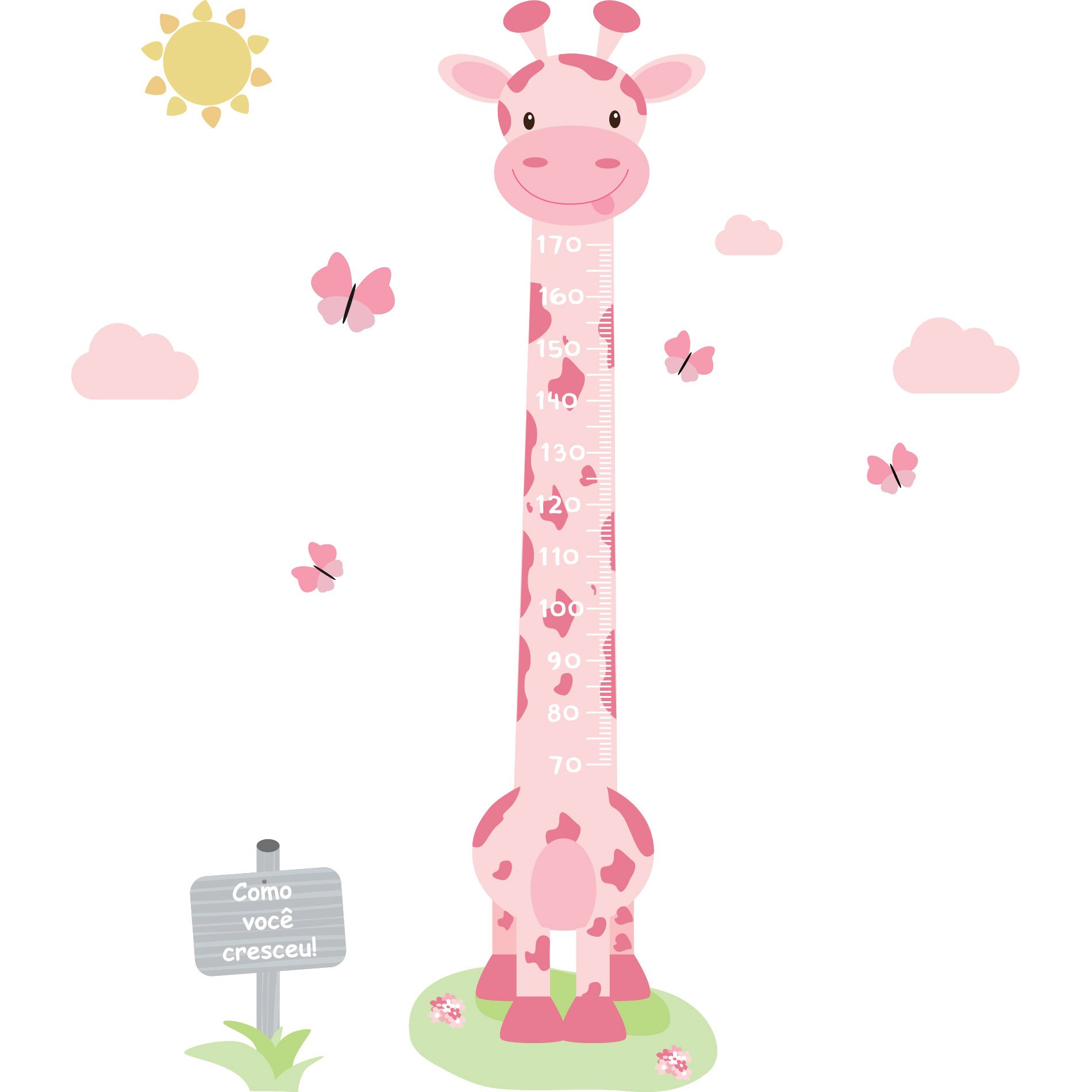 Adesivo de Parede Infantil Régua Girafa Rosa e Borboletas