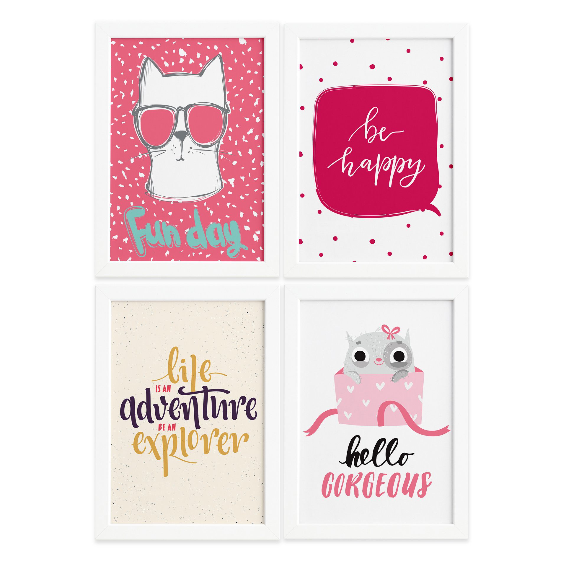 Quadros com Frases Happy Cat Moldura Branca 33x43cm 4un