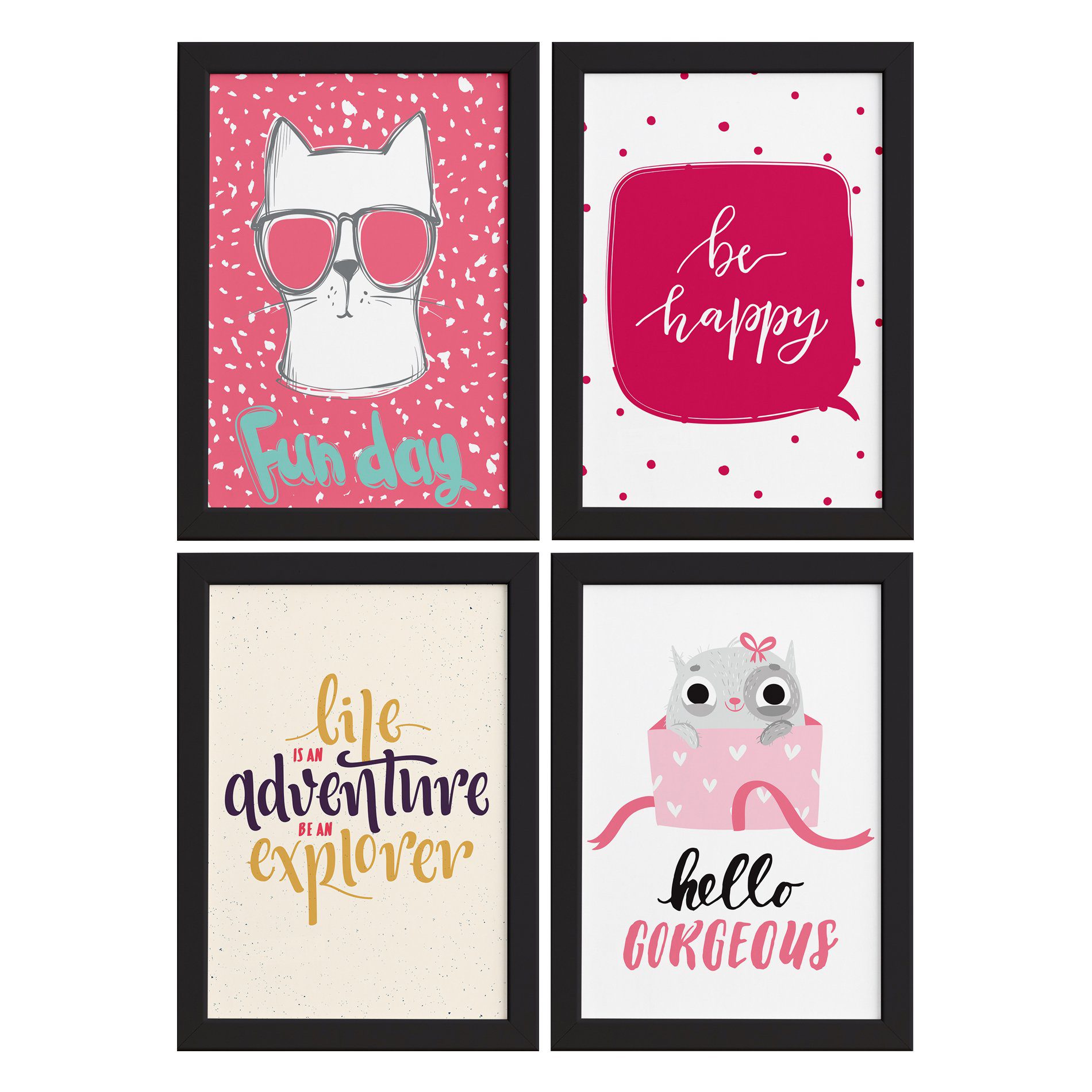 Quadros com Frases Happy Cat Moldura Preta 22x32cm 4un