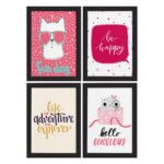 Quadros com Frases Happy Cat Moldura Preta 33x43cm 4un