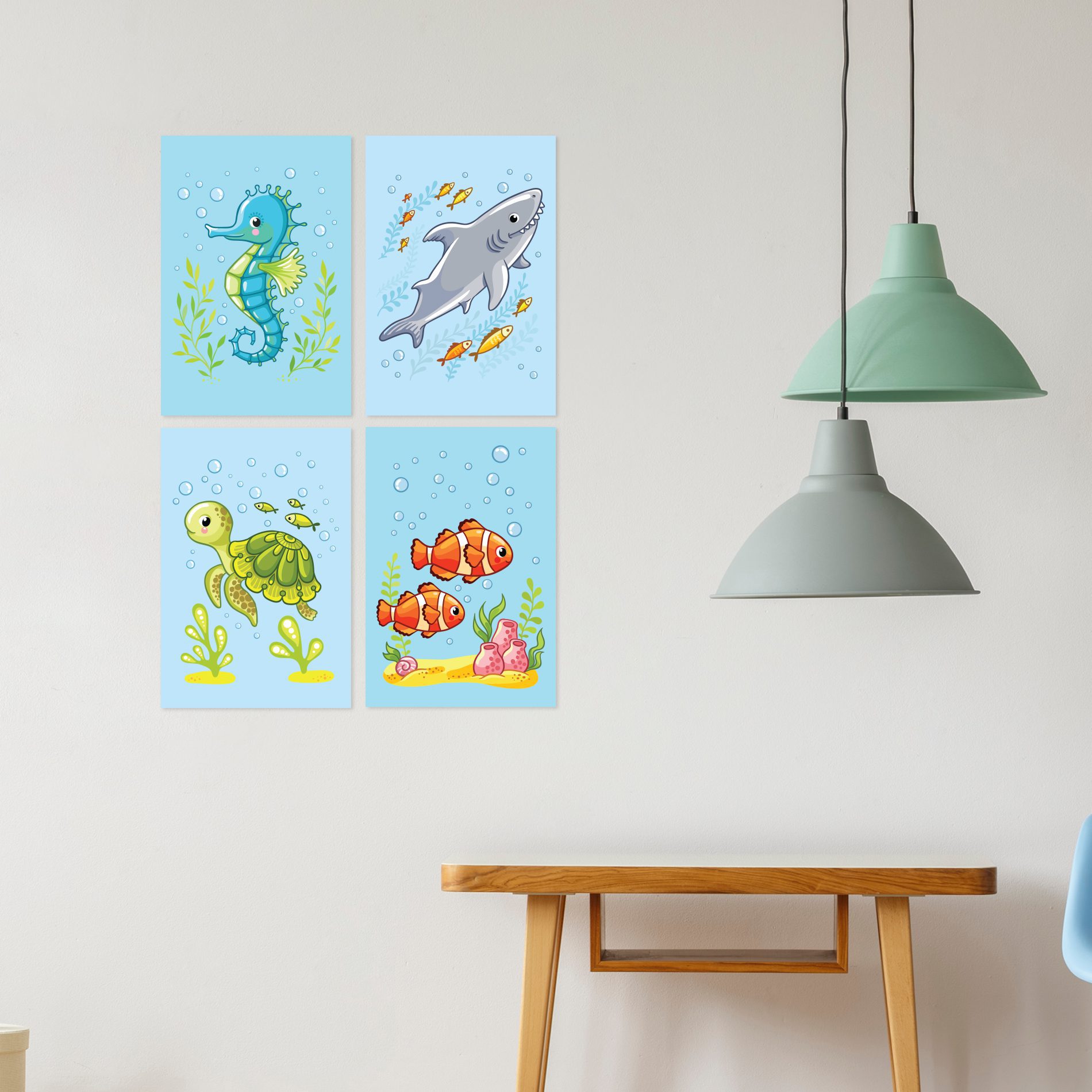 Placas Decorativas Fundo do Mar Modelo 1 Kit 4un 20x30cm,Placas Decorativas Fundo do Mar Modelo 1 Kit 4un 20x30cm