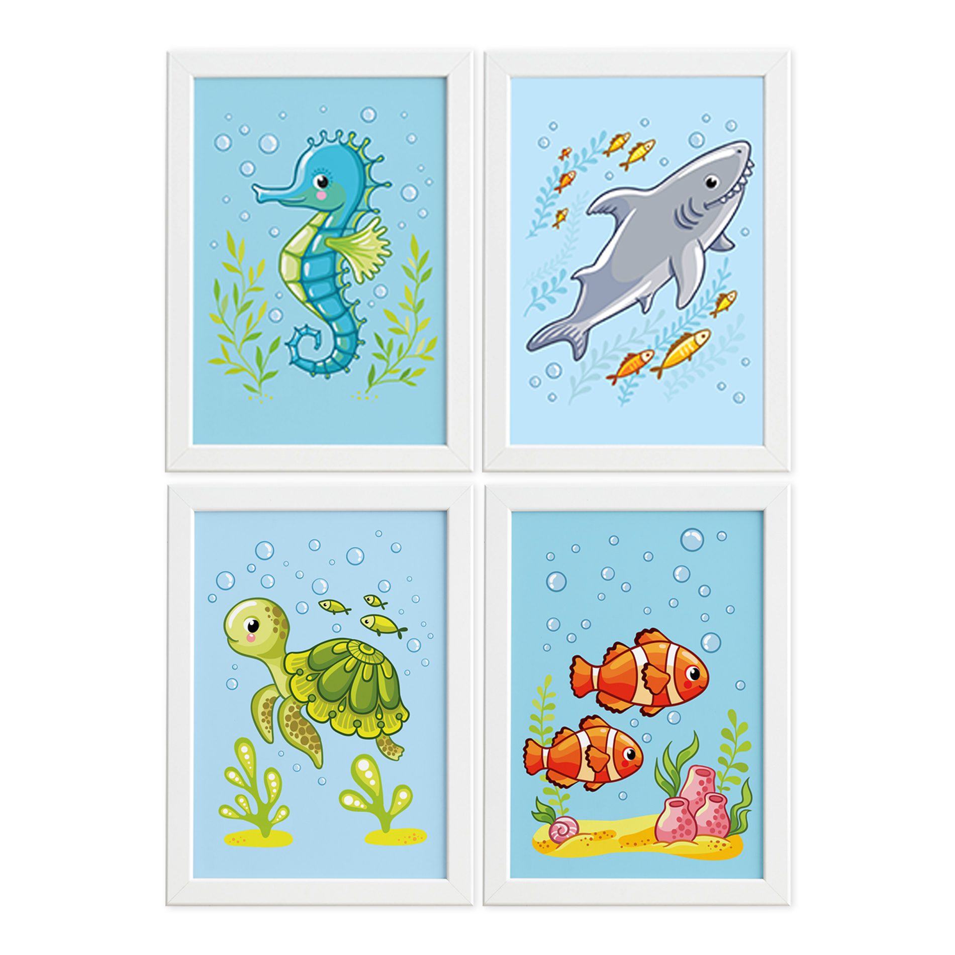 Quadros Fundo do Mar Moldura Branca Modelo 1 Kit 4un 22x32cm,Quadros Fundo do Mar Moldura Branca Modelo 1 Kit 4un 22x32cm