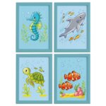 Quadros Fundo do Mar Moldura Azul Modelo 1 Kit 4un 22x32cm