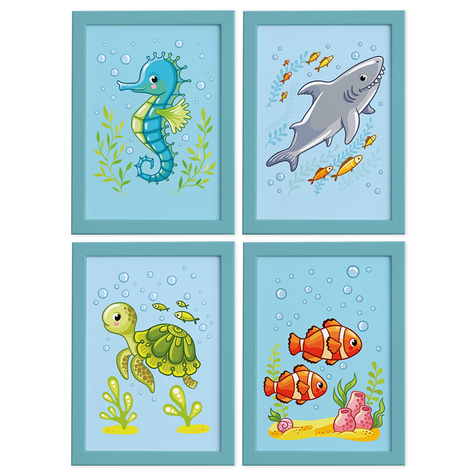 Quadros Fundo do Mar Moldura Azul Modelo 1 Kit 4un 22x32cm,Quadros Fundo do Mar Moldura Azul Modelo 1 Kit 4un 22x32cm