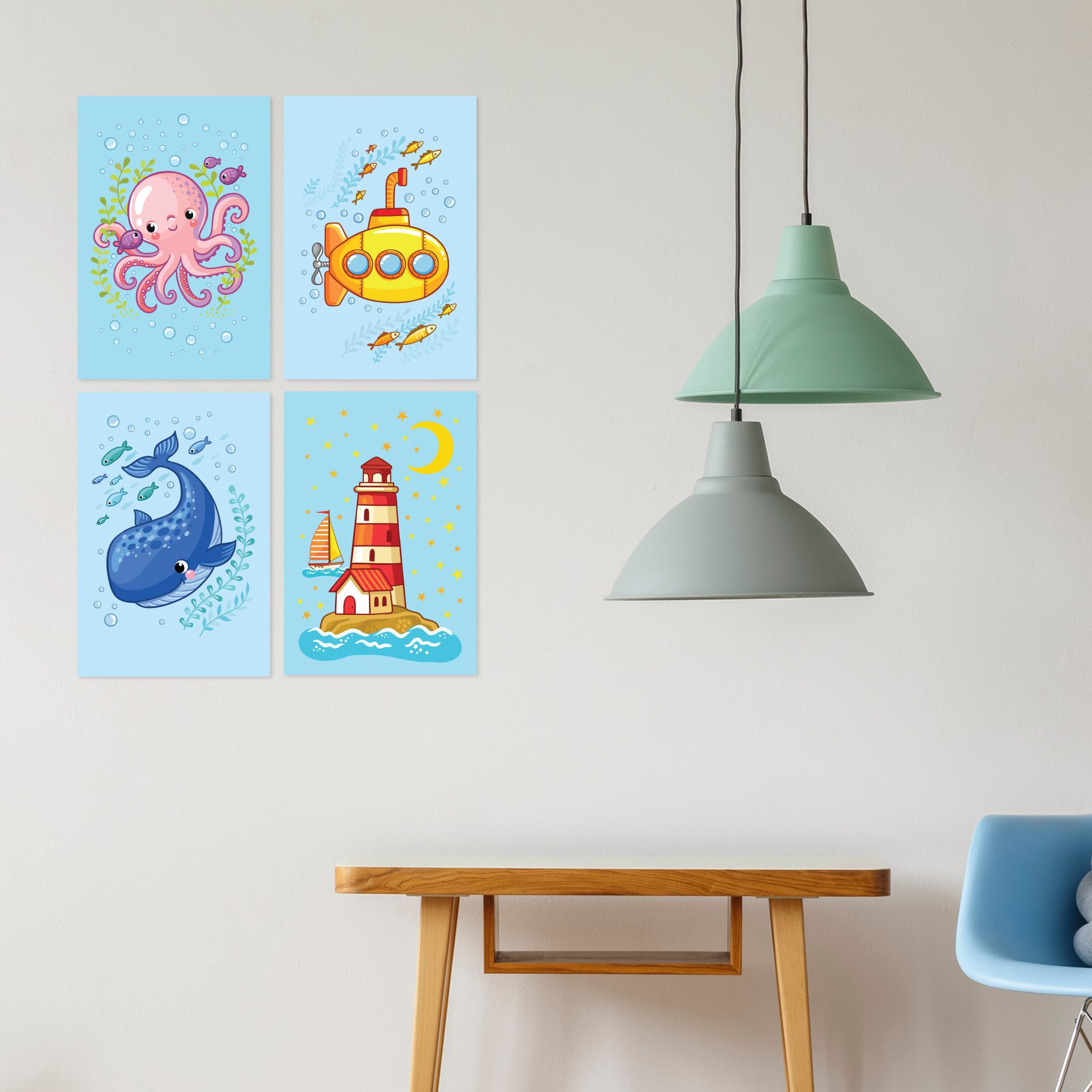 Placas Decorativas Fundo do Mar Modelo 2 Kit 4un 20x30cm,Placas Decorativas Fundo do Mar Modelo 2 Kit 4un 20x30cm