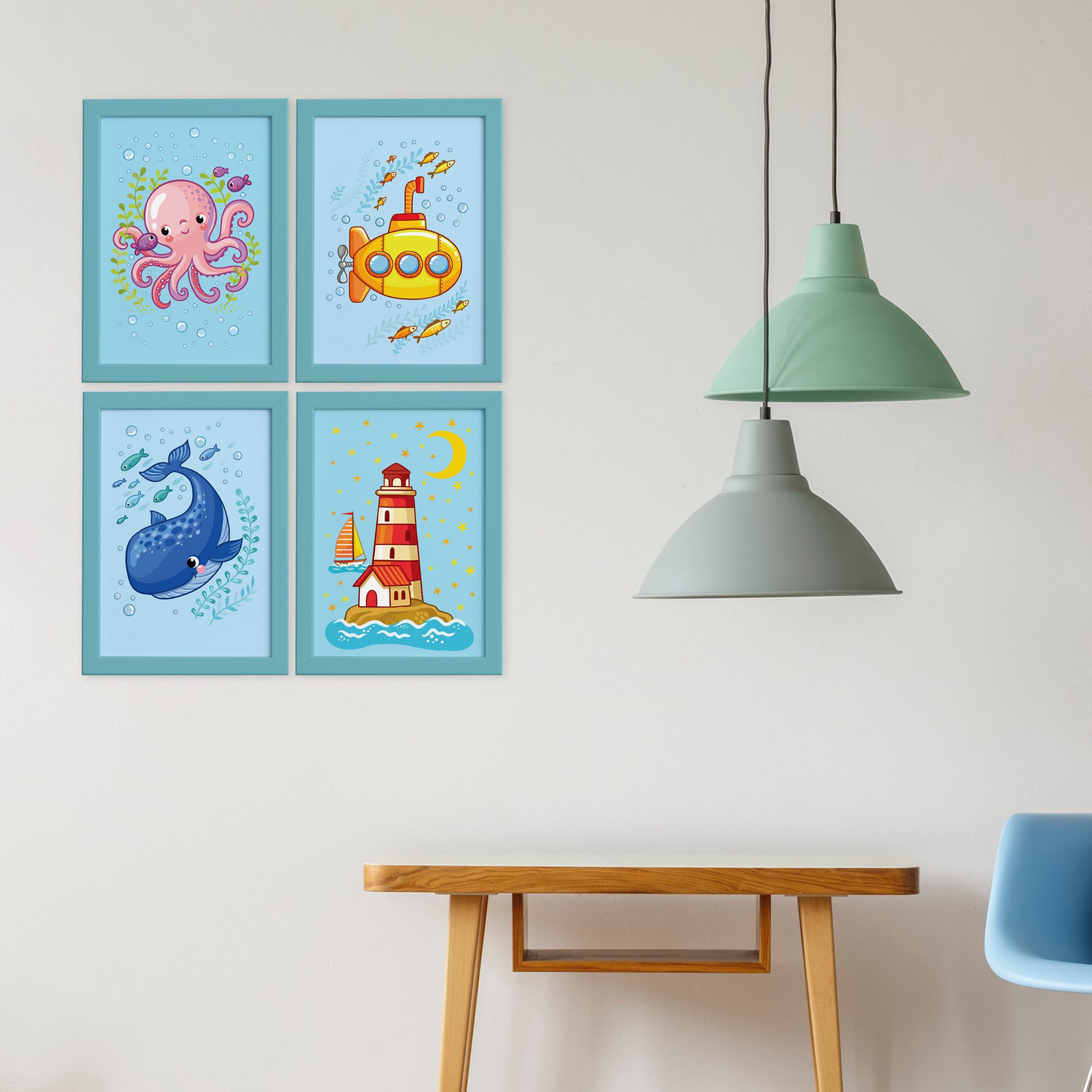 Quadros Fundo do Mar Moldura Azul Modelo 2 Kit 4un 22x32cm,Quadros Fundo do Mar Moldura Azul Modelo 2 Kit 4un 22x32cm